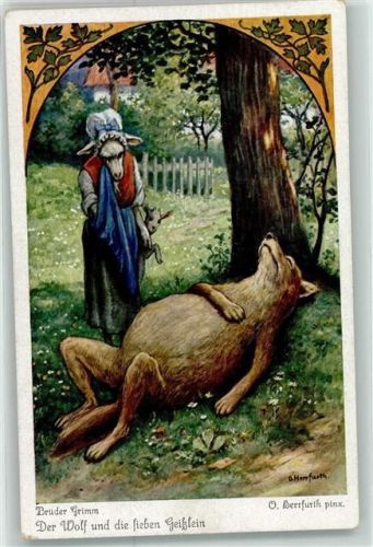 Brüder Grimm Wolf hat die Geisslein gefressen sign.O.Herrfurth Alvachrom Nr.4519 Serie 265 Der Wolf und die sieben Geißlein Künstlerkarte