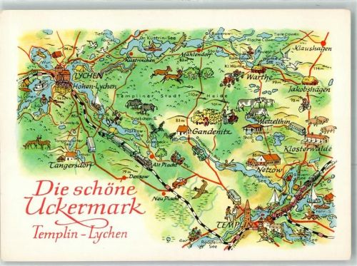 O2090 Templin sign.Hoppe A. Vogelschau Schöne Uckermark Landkarte Künstlerkarte