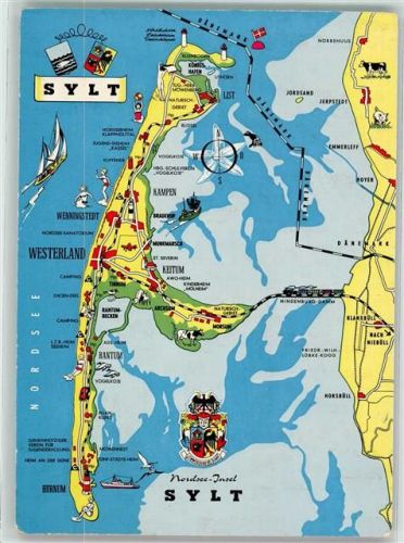 Westerland 1963 Zeichnung der Insel Sylt im Wattenmeer