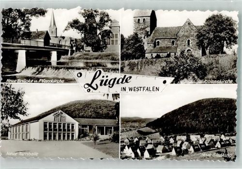 32676 W4927 Lügde Foto AK Neue Brücke Pfarrkirche Kilianskirche Neue Turnhalle Neue Siedlung