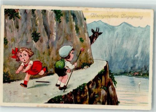 Unangenehme Begegnung Zwei Kinder nehmen auf einem Bergpfad vor einer Gemse reißaus Gams 1926