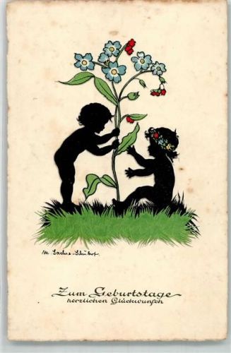 1941 Geburtstag Schattenbild Junge überreicht einem Mädchen mit einem Blumenkranz als Kopfschmuck ein überdimensioniertes Vergissmeinnicht