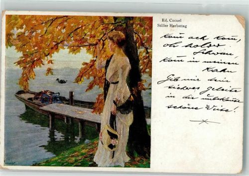 1921 Palette Karte Nr. 128 Stiller Herbsttag Frau am Ruderboot