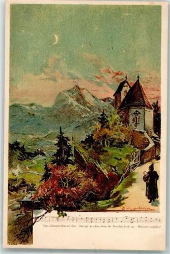 Eine einsame Kirche im Gebirge im Mondschein Liederkarte