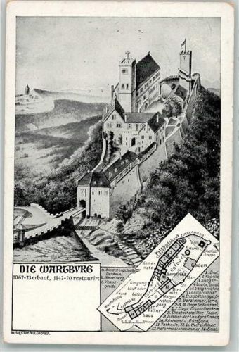 Wartburg Zeichnung und Übersichtskarte der Burg