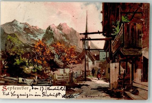 1901 September Sich rot färbende Bäume in einem Dorf am Fuß des Gebirges Monatsgrüße Serie II Verlag M. Seeger