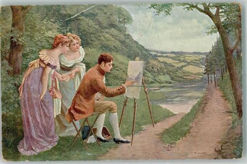 Prag sign. Kroj Zwei junge Frauen begutachten die Arbeit eines Malers Salon Prague Nr. 2024