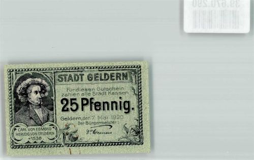 Geldern 25 Pfennig Gutschein Notgeld Carl von Egmond Herzog Wappen Löwe Blumen Türme