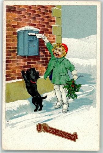 Neujahr St. Catherine Kind mit Mistel und Hund Briefkasten Künstlerkarte