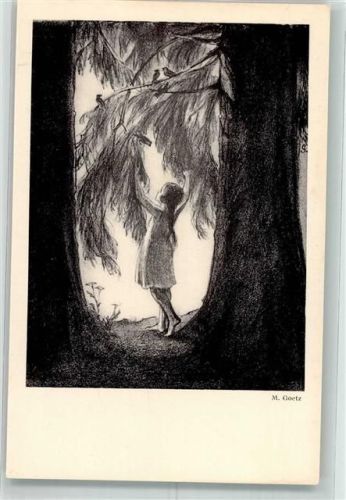 Mädchen schaut aus tiefem Tannenwald hinaus ins Licht Verlag J. Henke Nr. 180