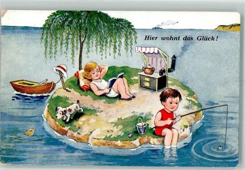 Kinder und Hund auf einer winzigen Insel vertreiben sich die Zeit mit Angeln und Buch lesen WSSB 4464