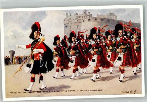 Edinburgh Lithographie / Künstlerkarte sing. Leigh, C. The Black Watch Royal Highland Regiment Pipes and Drums