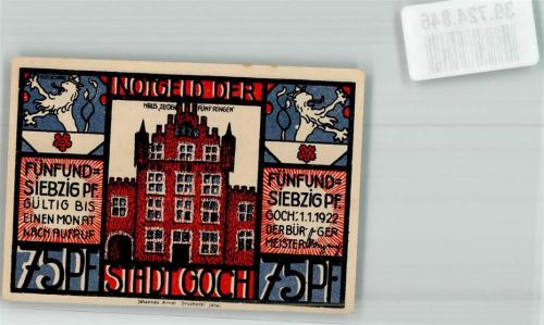 Goch 1922 75 Pfennig Haus zu den Fünf Ringen