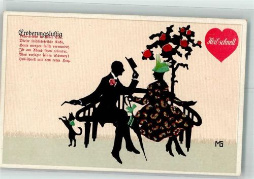 Scherenschnitt Fasto Eroberungslustig Mann hofiert eine elegante Dame auf der Parkbank Werbung für Heil-Schnell Graf Marte Künstlerkarte