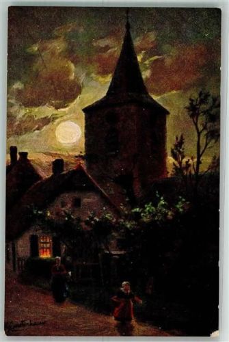 Holländische Dorfkirche nachts vor dem hell scheinenden Vollmond De Haan Serie 99