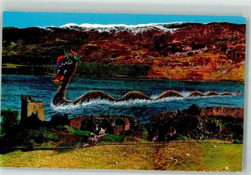 Inverness Der Loch Ness mit Urquhart Castle und dem Ungeheuer Motiv Großbritannien Fotomontage AK