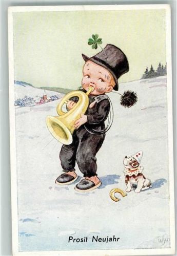 Neujahr Schornsteinfeger Blasinstrument Hund Hufeisen Verlag FKV 1437