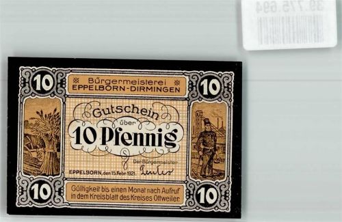 Eppelborn 1921 10 Pfennig Gutschein Kaisereiche