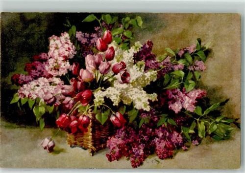 Brabant Nr. 1464 Blumenkorb mit Flieder sign. Clara v.Sivers Stillleben