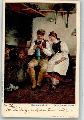 sign.Blume-Siebert Strickunterricht Tracht Katze Kunstverlag Emil Dotzert Nr. 280