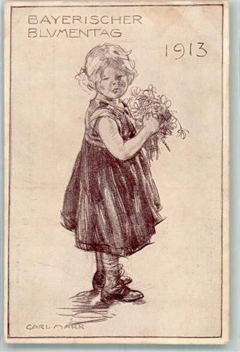 1913 sign. Marr, Carl Bayerischer Blumentag Ein Mädchen mit einem Strauß Feldblumen