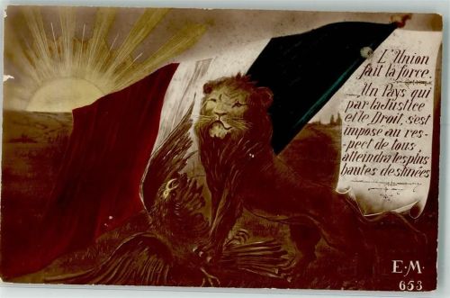 Karikatur Feindbild Der Löwe erlegt den Adler Franz. Fahne Propaganda WK I Fotomontage AK