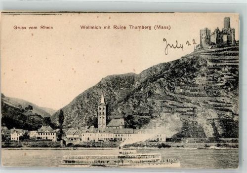Wellmich mit Burg Maus Kirche St. Martin und Rheinschifffahrt Verlag Kaspar Suder No. 190