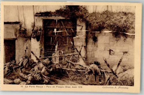 1918 sign. Flameng Tote Soldaten im Stacheldraht vor der roten Pforte im Parc de Plessis WK I