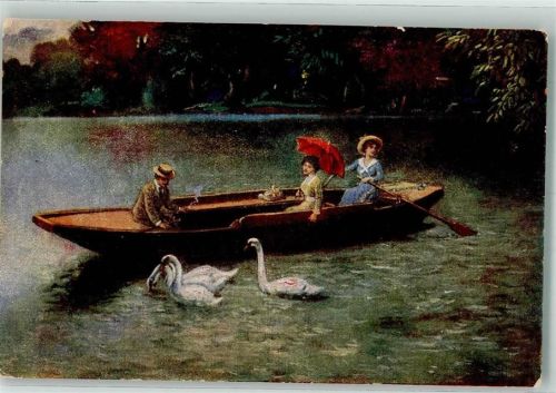 1918 Kahnfahrt am See Ruderboot Schwäne Frauen Regenschirm