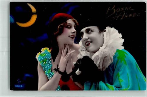 1927 Pierrot Pierette handkoloriert Bonne Annee
