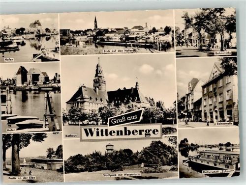 19322 O2900 Wittenberge , Prignitz - Hafen Rathaus Stadtpark mit Wasserturm Kulturschiff Zukunft Bahnstraße VEB Bild und Heimat