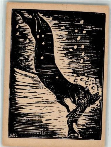 sign. Klemm Walter Fischotter Hecht Holzschnitt Verlag Mock Nr.4