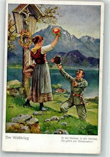 Frau in Tracht begrüßt am Feldkreuz ihren Mann in Uniform Soldatenliebe WK I ASM No. 1444