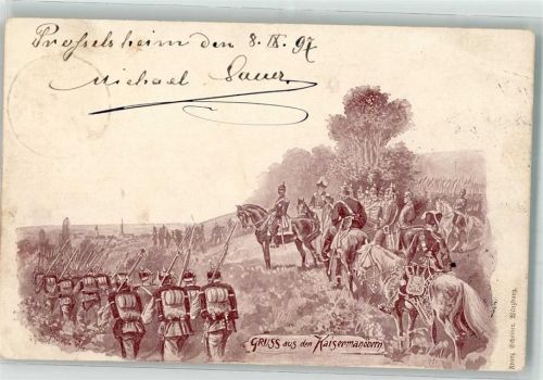 1897 Kaiser und Generalstab beobachten marschierende Infanterie Künstlerkarte