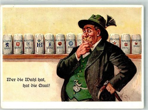 Bierkrüge Tracht Löwenbräu Spatenbräu Spruch sign. Sch.E. Verlag Köhn Nr.229