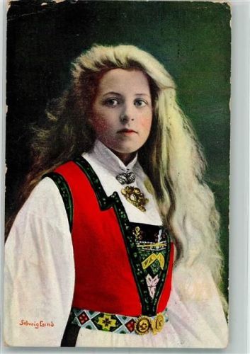 1911 Blonde junge Frau in ortsüblicher Tracht aus Hardanger Fotograf Solveig Lund Maschinenpost
