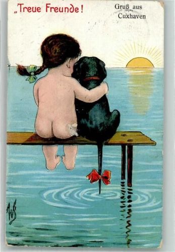 W2190 Cuxhaven Kind und Hund auf dem Badesteg Scheuermann, W. 1912