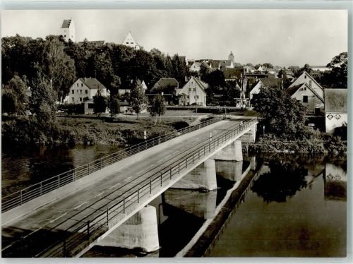 89340 W8874 Leipheim Foto AK Brücke Turm Kirche