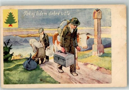 pokoj lidem dobre vule Frieden für die Menschen Familie mit Rind auf der Flucht Flüchtling 1938 Künstlerkarte