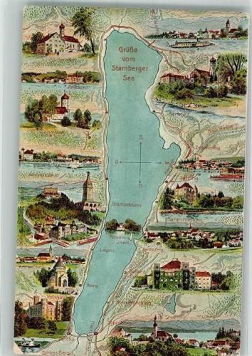 Feldafing Landkarte vom Starnberger See mit Anrainerorten und Sehenswürdigkeiten Verlag Otto Henning Nr. 2084