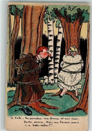 Mann und Frau an Baum gefesselt Humor Ehe Frankreich