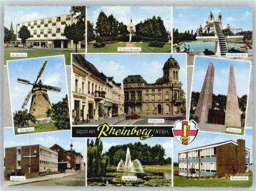 Rheinberg An der Post, St. Anna-Kapelle, Schwimmbad Underberg-Bad, Alte Windmühle, Fischmarkt, Ehrenmal, Sparkasse, Stadtpark, Anna-Schule, Wappen