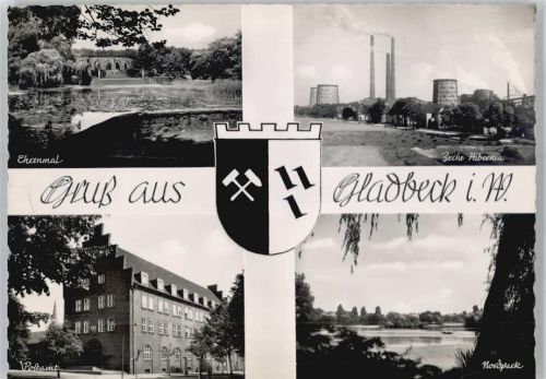 Gladbeck Teilansichten: Ehrenmal, Zeche Hibernia, Postamt, Nordpark