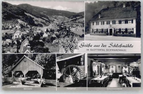 Unterglottertal Gasthaus zur Schloßmühle, Weinlaube, Mühlenrad, Schwarzwaldstube