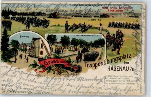 67500 Haguenau Hagenau (Elsass) Lithographie / Künstlerkarte 1910 Truppen Übungsplatz Baracken Strasse im unteren Lager