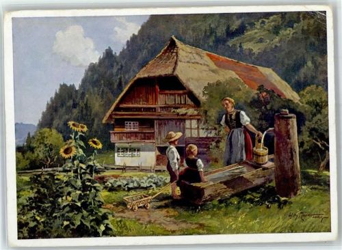 Altes Schwarzwaldhaus Tracht Frau Kind Brunnen Sonnenblume