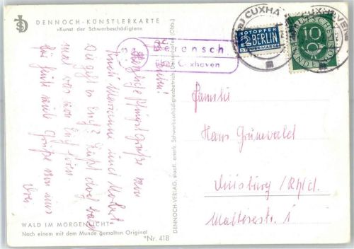 27472 W2190 Berensch Künstlerkarte Landpoststempel Kunst der Schwerbeschädigten Dennoch-Künstlerkarte Wald im Morgenlicht Notopfer