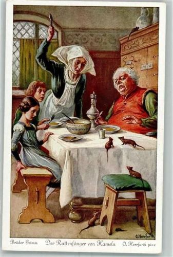 Hameln Der Rattenfänger von Hameln gedeckter Tisch Kinder Frau Ratte Krug sign. Herrfurth Serie 242 No.4388