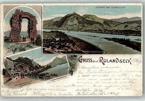 Rolandseck Rolandsbogen Drachenfels Schiff Rhein Reben Gruss Lithographie