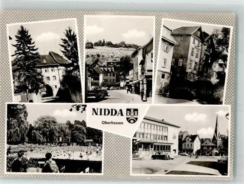 63667 W6478 Nidda Foto AK Schwimmbad Kirche Sparkasse Auto